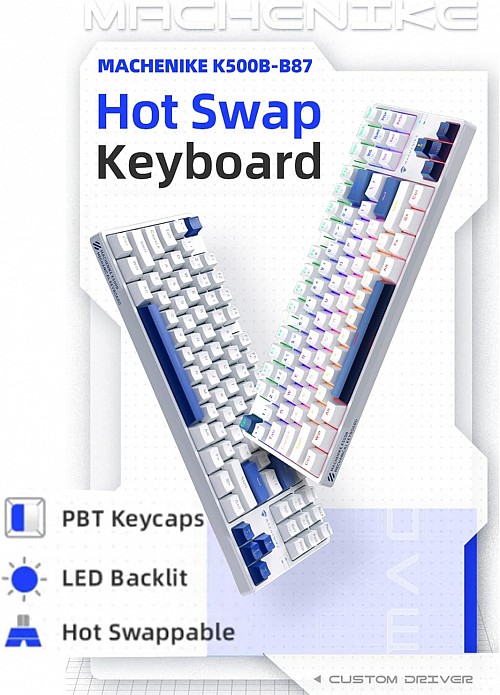 Machenike K500-B87 White/Blue Wired Gaming Keyboard 87 Blue Switch Keys